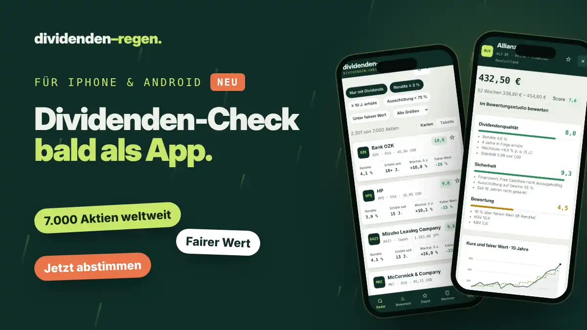 Zwei Smartphones zeigen die Dividenden-Check-App: links das Dividenden-Radar mit Aktienkarten, rechts die Allianz-Aktie mit Score und fairem Wert